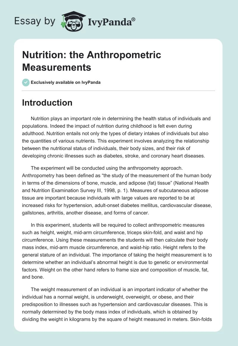 Nutrition: the Anthropometric Measurements. Page 1