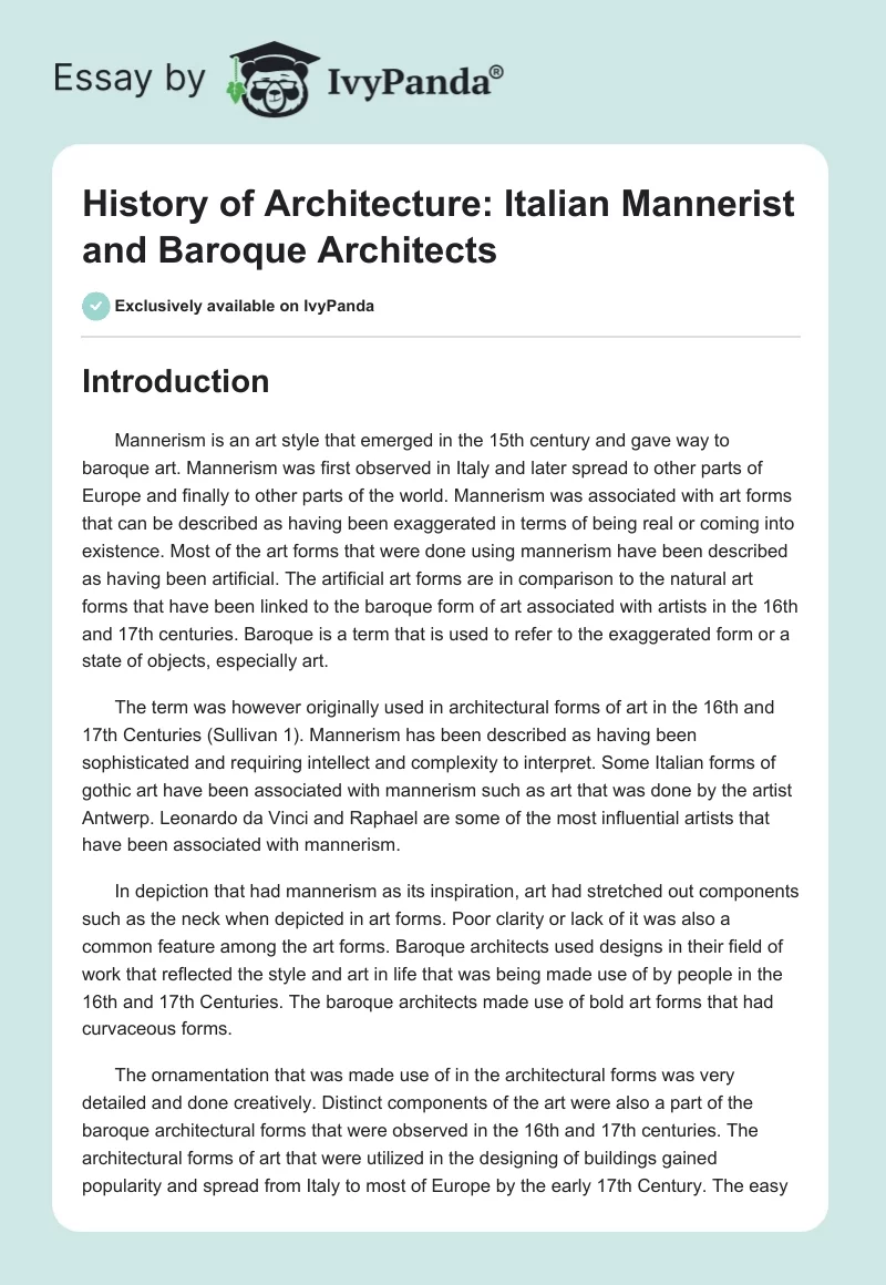 History of Architecture: Italian Mannerist and Baroque Architects. Page 1