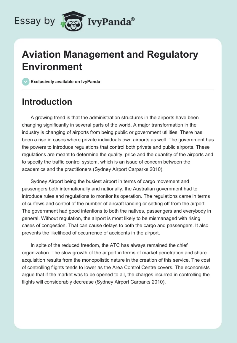 Aviation Management and Regulatory Environment. Page 1