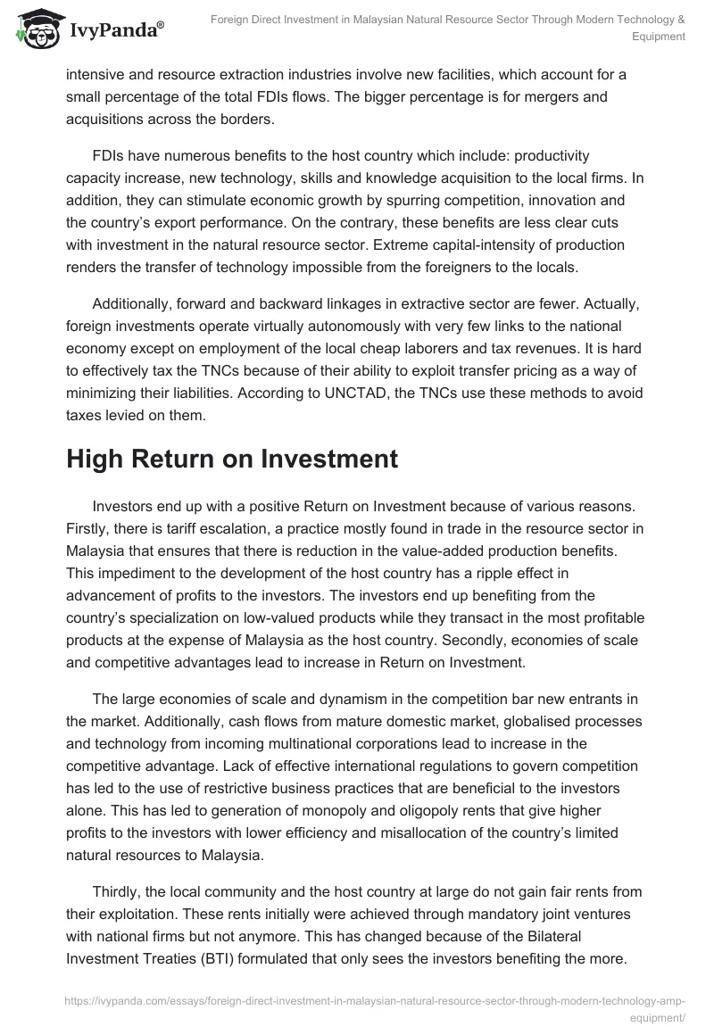 Foreign Direct Investment in Malaysian Natural Resource Sector Through Modern Technology & Equipment. Page 2