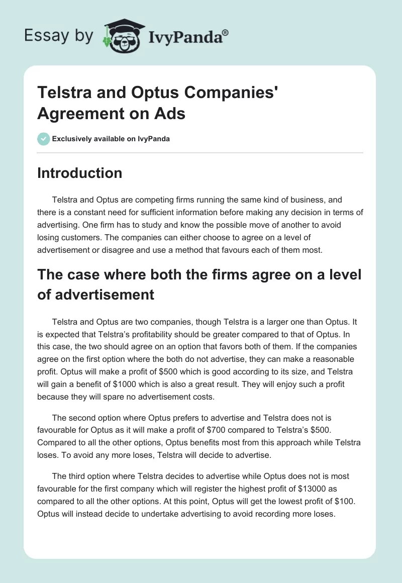 Telstra and Optus Companies' Agreement on Ads. Page 1