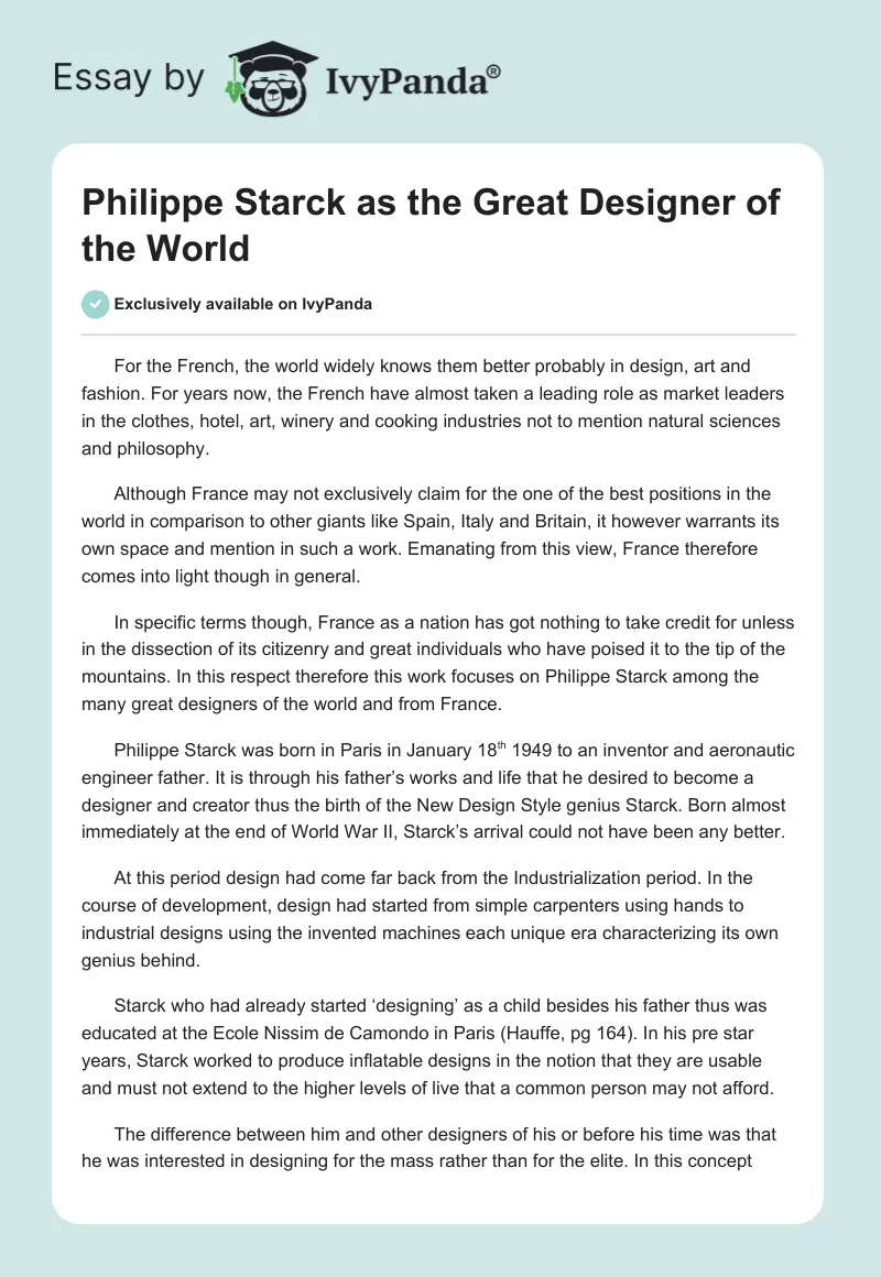 Philippe Starck as the Great Designer of the World. Page 1