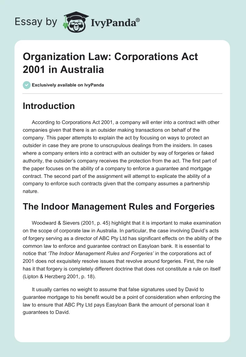Organization Law: Corporations Act 2001 in Australia. Page 1