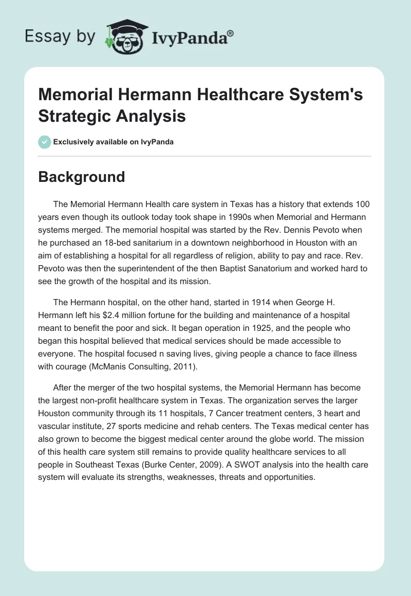 Memorial Hermann Healthcare System's Strategic Analysis. Page 1