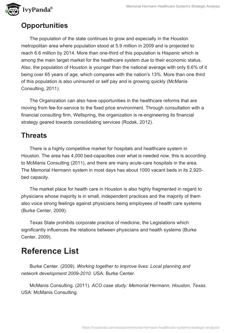 Memorial Hermann Healthcare System's Strategic Analysis. Page 3