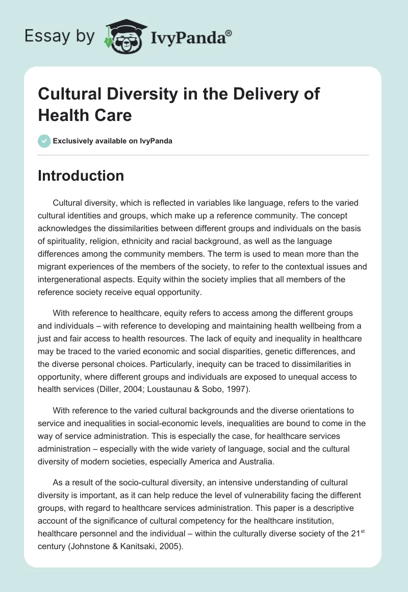 Cultural Diversity in the Delivery of Health Care. Page 1