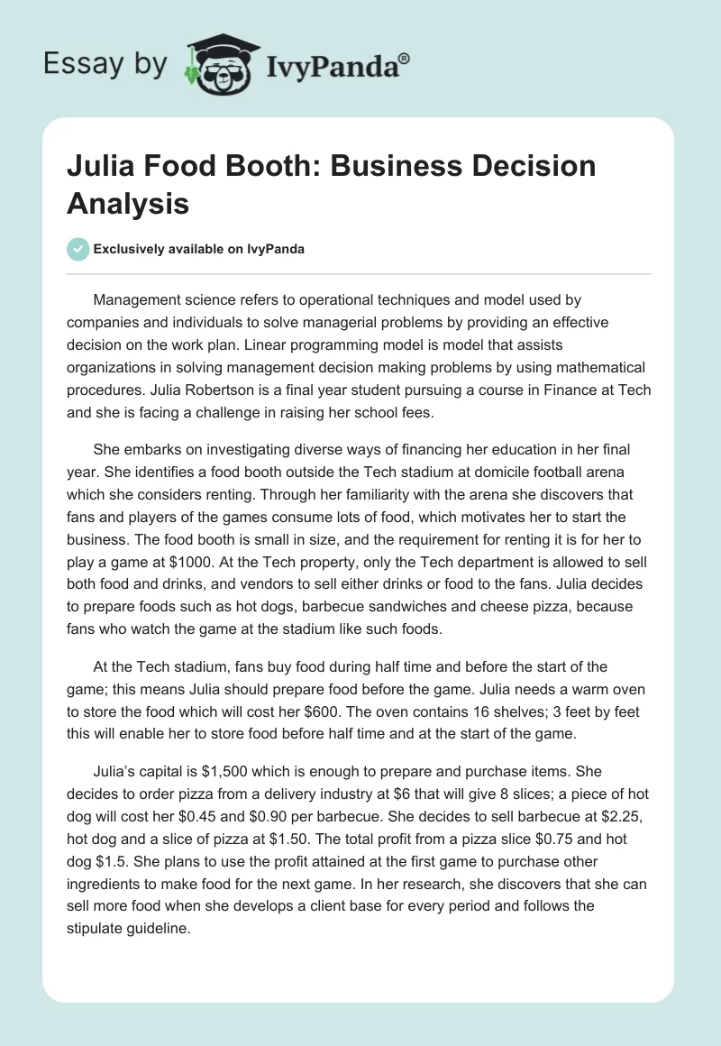 Julia Food Booth: Business Decision Analysis. Page 1