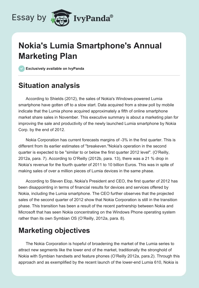 Nokia's Lumia Smartphone's Annual Marketing Plan. Page 1
