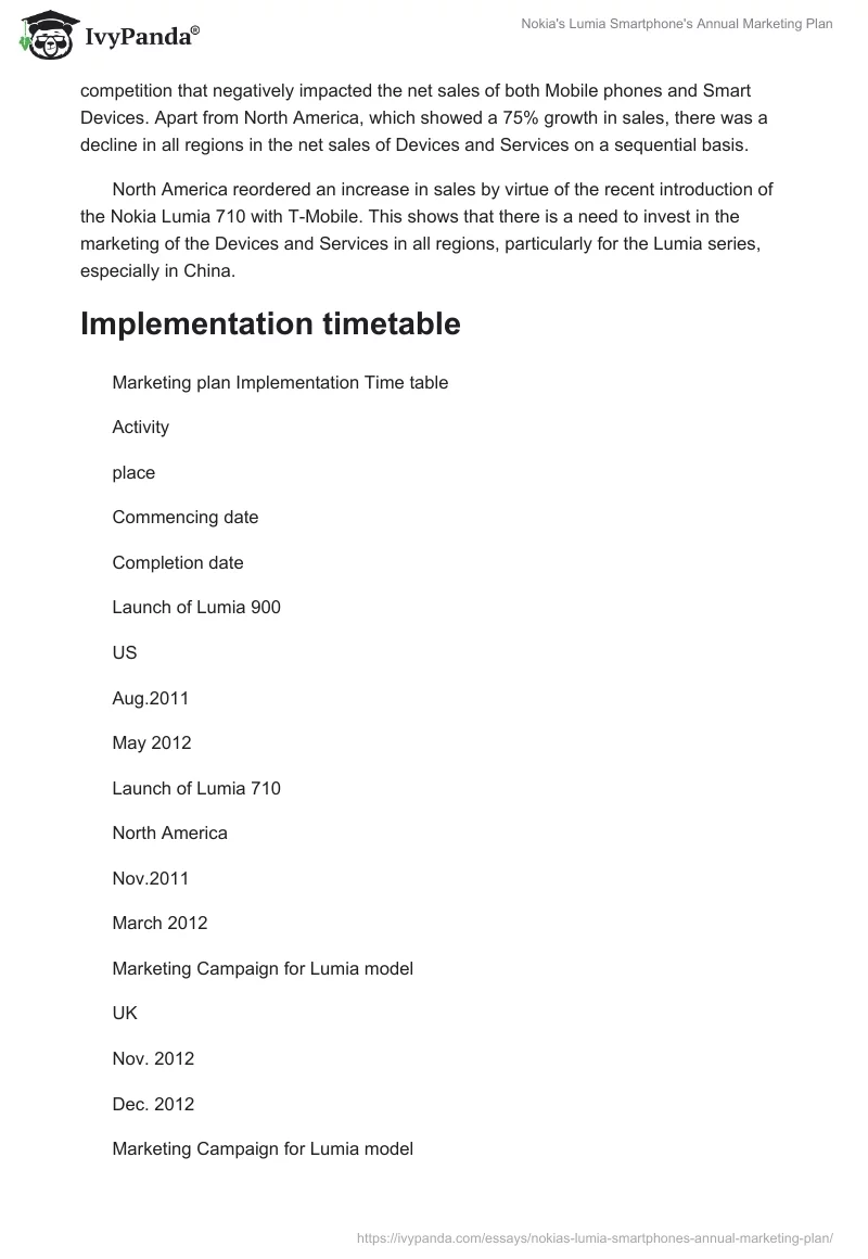Nokia's Lumia Smartphone's Annual Marketing Plan. Page 4