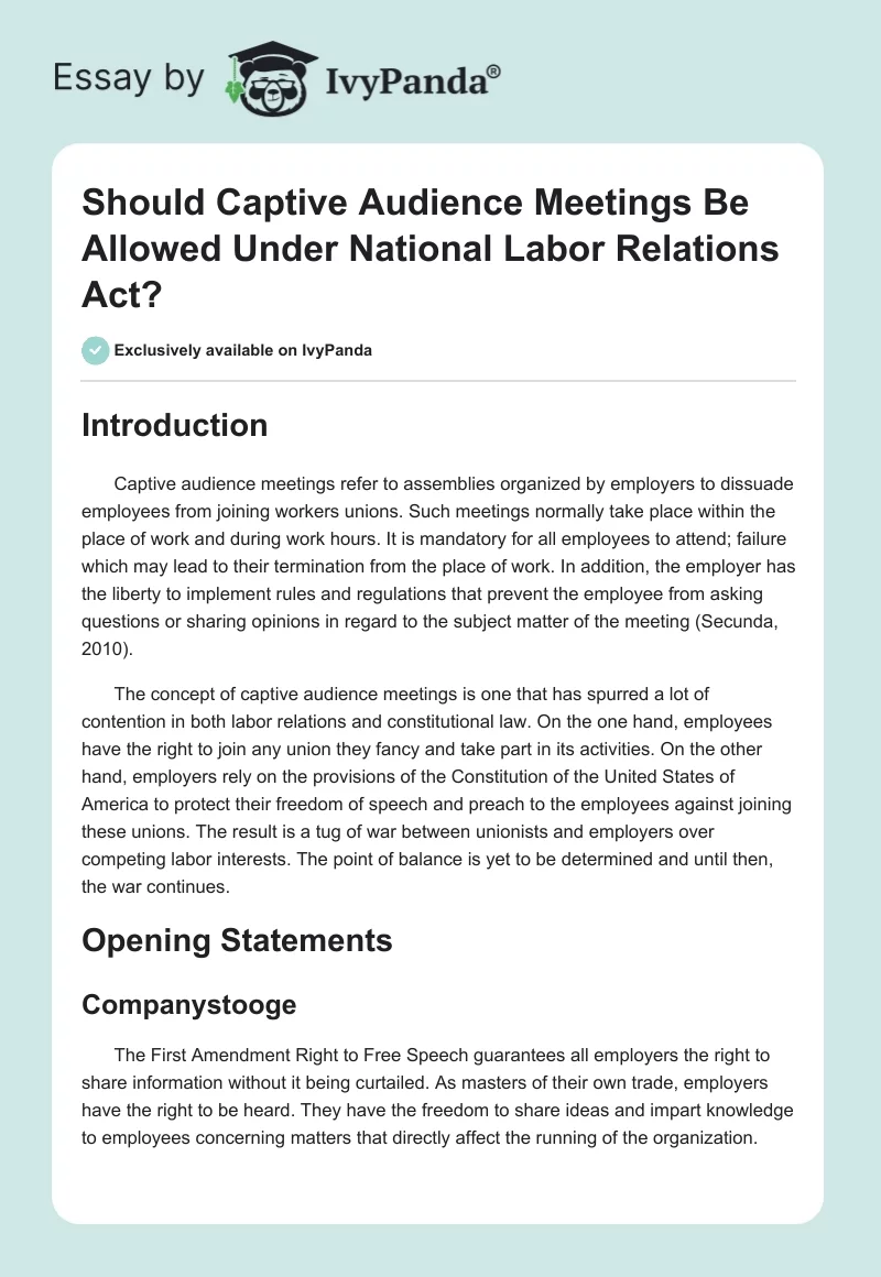 Should Captive Audience Meetings Be Allowed Under National Labor Relations Act?. Page 1