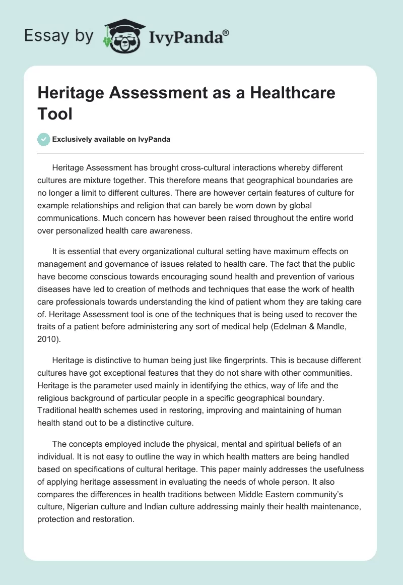 Heritage Assessment as a Healthcare Tool. Page 1
