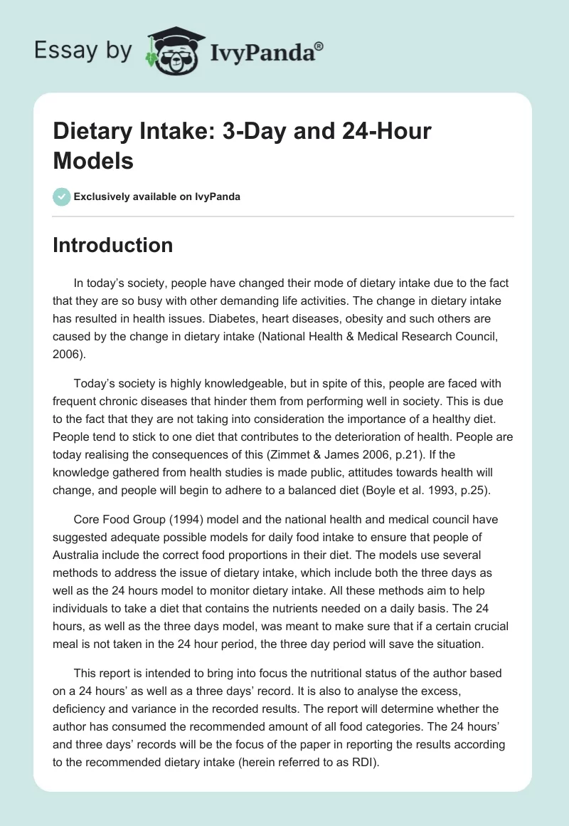 Dietary Intake: 3-Day and 24-Hour Models. Page 1