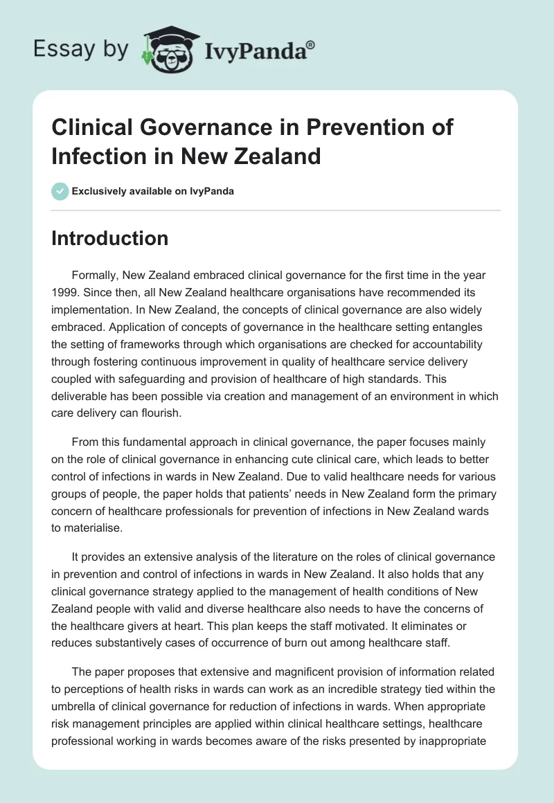 Clinical Governance in Prevention of Infection in New Zealand. Page 1
