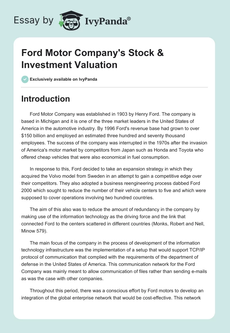 Ford Motor Company's Stock & Investment Valuation. Page 1