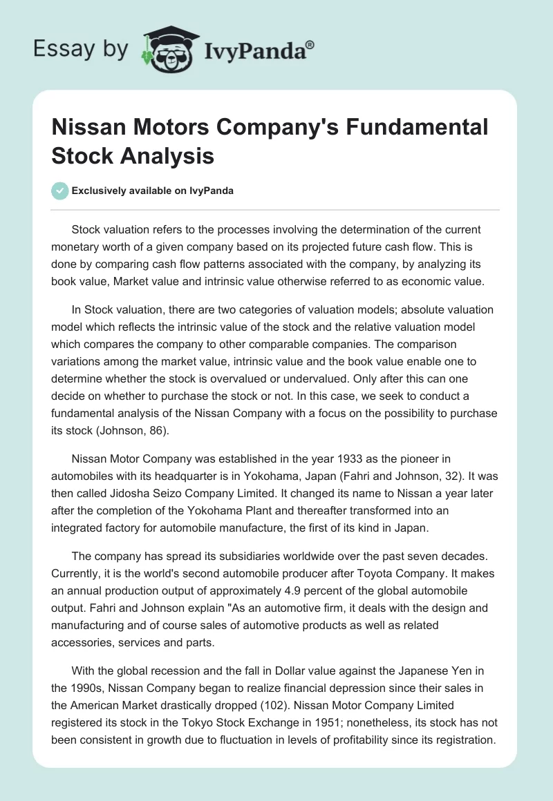 Nissan Motors Company's Fundamental Stock Analysis. Page 1