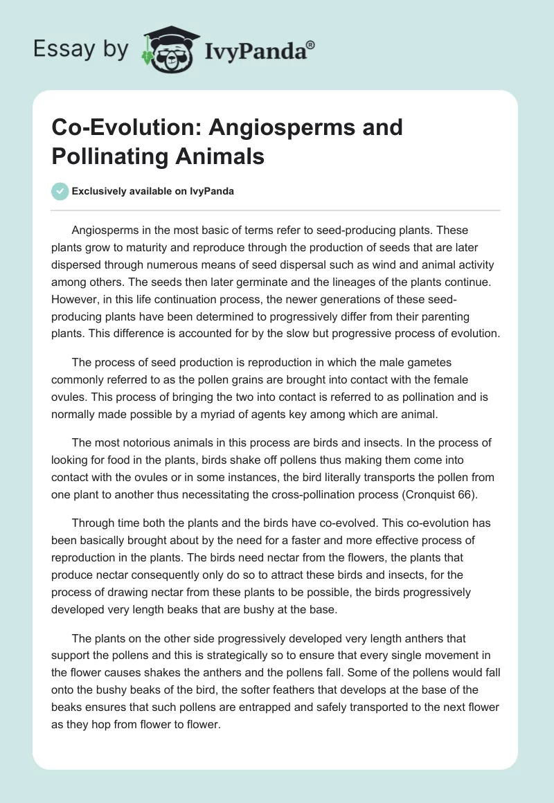 Co-Evolution: Angiosperms and Pollinating Animals. Page 1