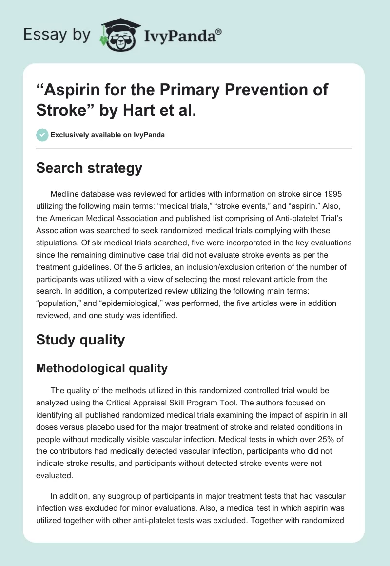 “Aspirin for the Primary Prevention of Stroke” by Hart et al.. Page 1