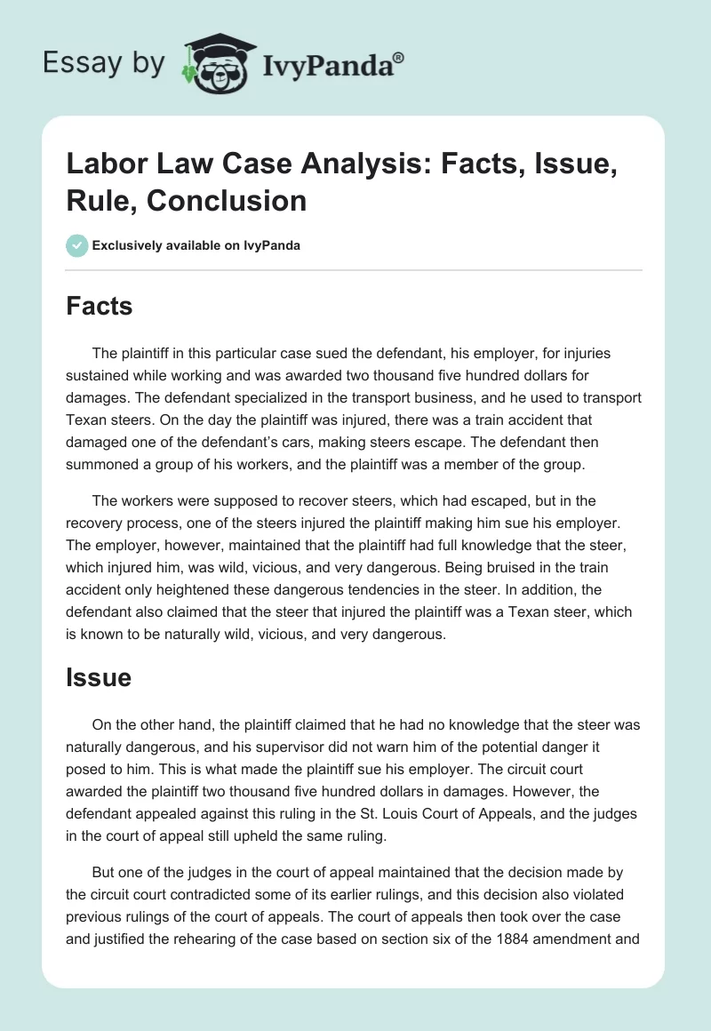 Labor Law Case Analysis: Facts, Issue, Rule, Conclusion. Page 1