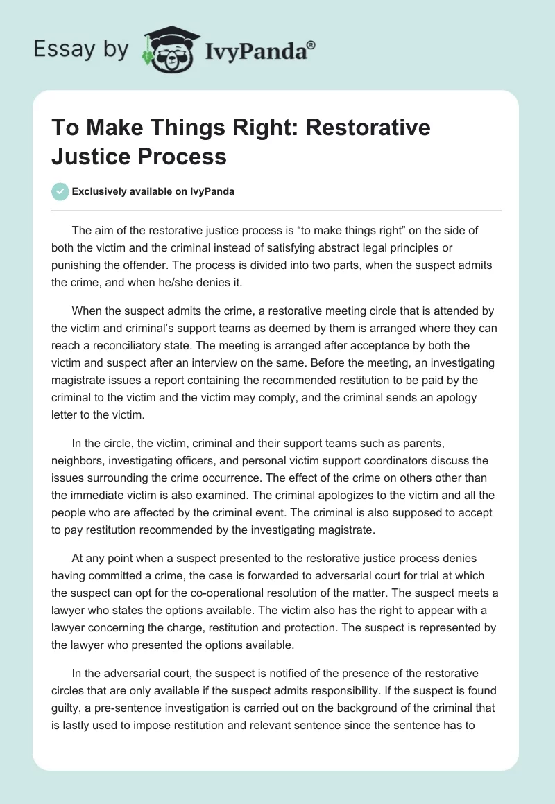 To Make Things Right: Restorative Justice Process. Page 1