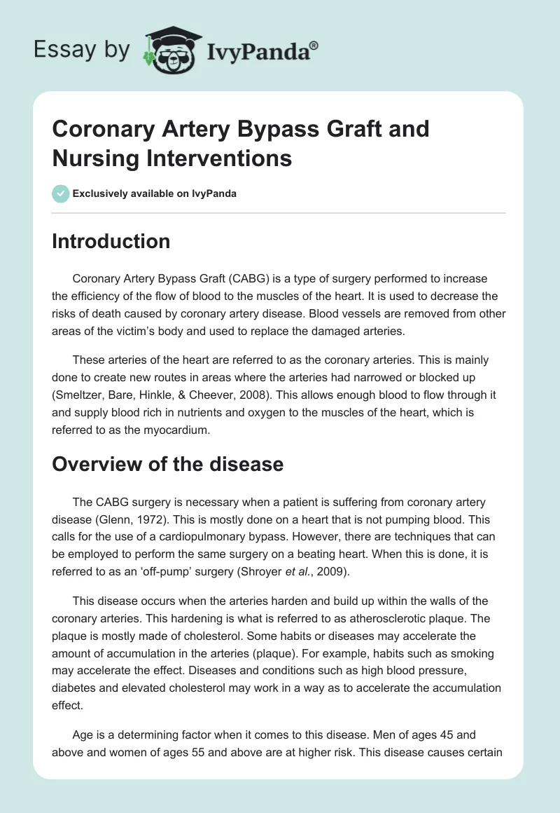 Coronary Artery Bypass Graft and Nursing Interventions. Page 1