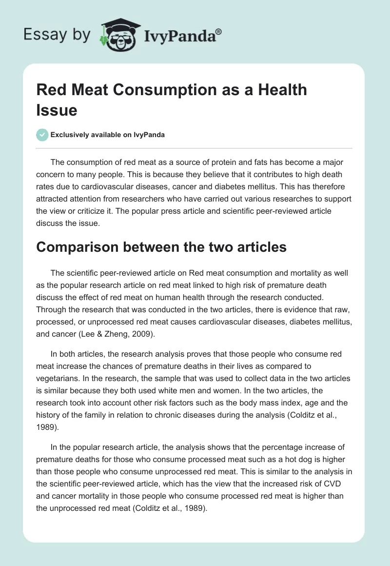 Red Meat Consumption as a Health Issue. Page 1