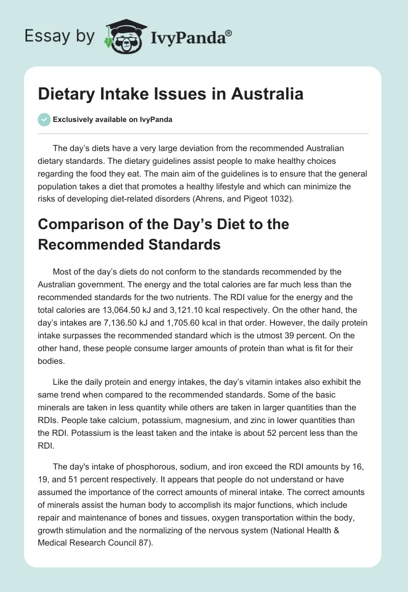 Dietary Intake Issues in Australia. Page 1