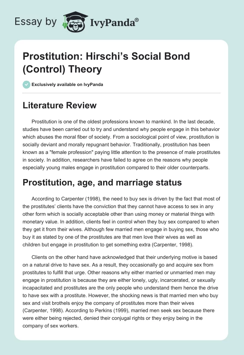 Prostitution: Hirschi’s Social Bond (Control) Theory. Page 1