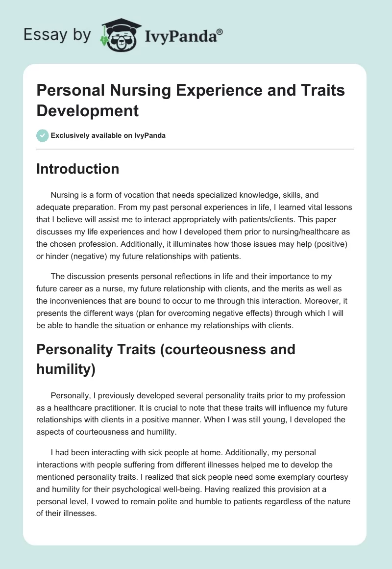 Personal Nursing Experience and Traits Development. Page 1