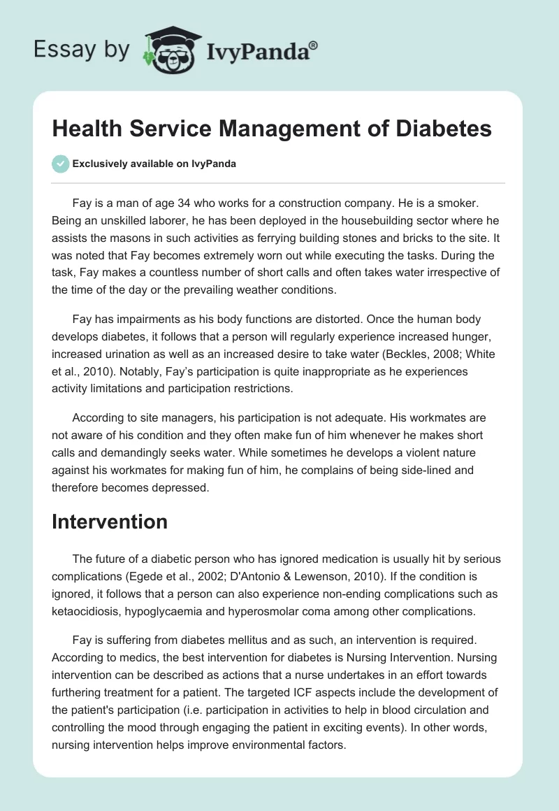 Health Service Management of Diabetes. Page 1
