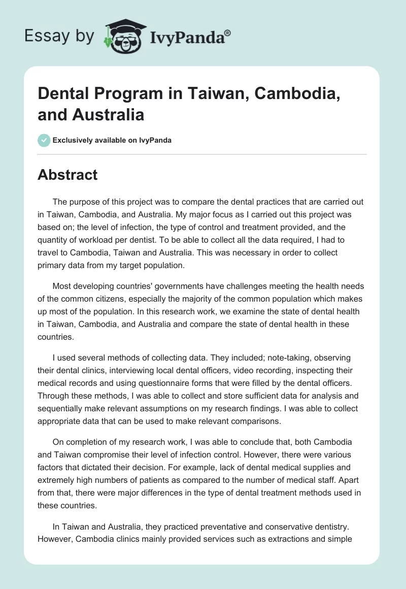 Dental Program in Taiwan, Cambodia, and Australia. Page 1