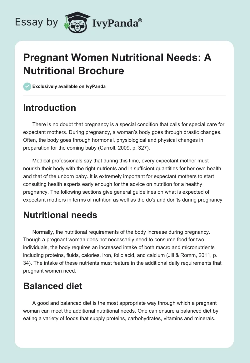 Pregnant Women Nutritional Needs: A Nutritional Brochure. Page 1