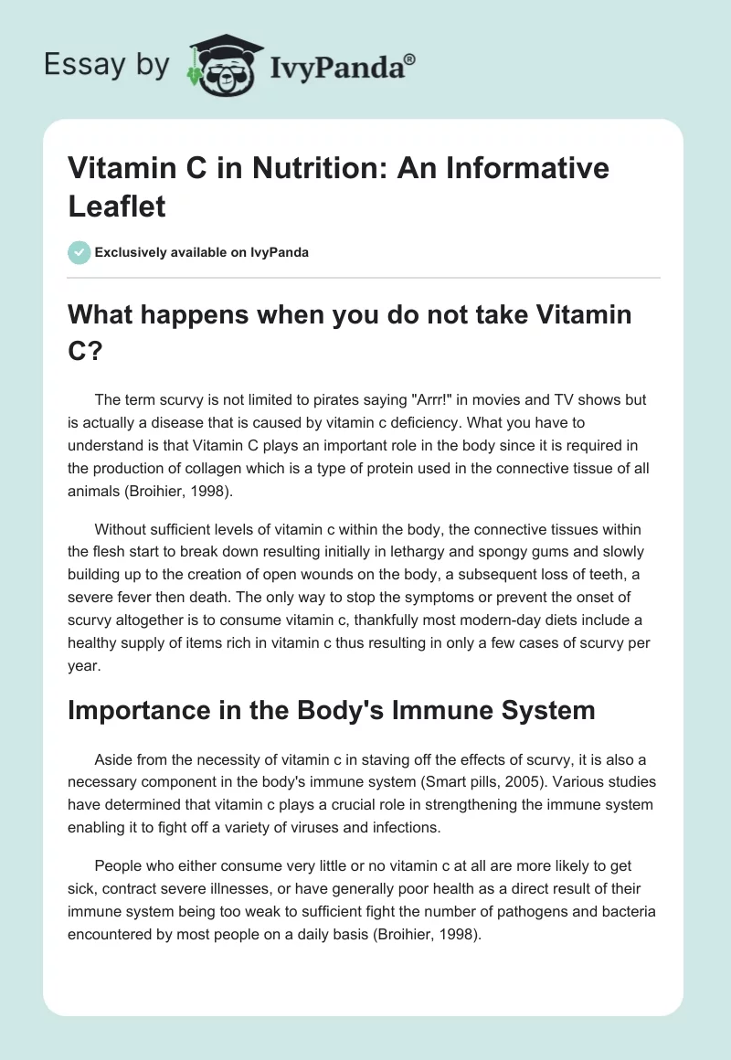 Vitamin C in Nutrition: An Informative Leaflet - 855 Words | Article ...
