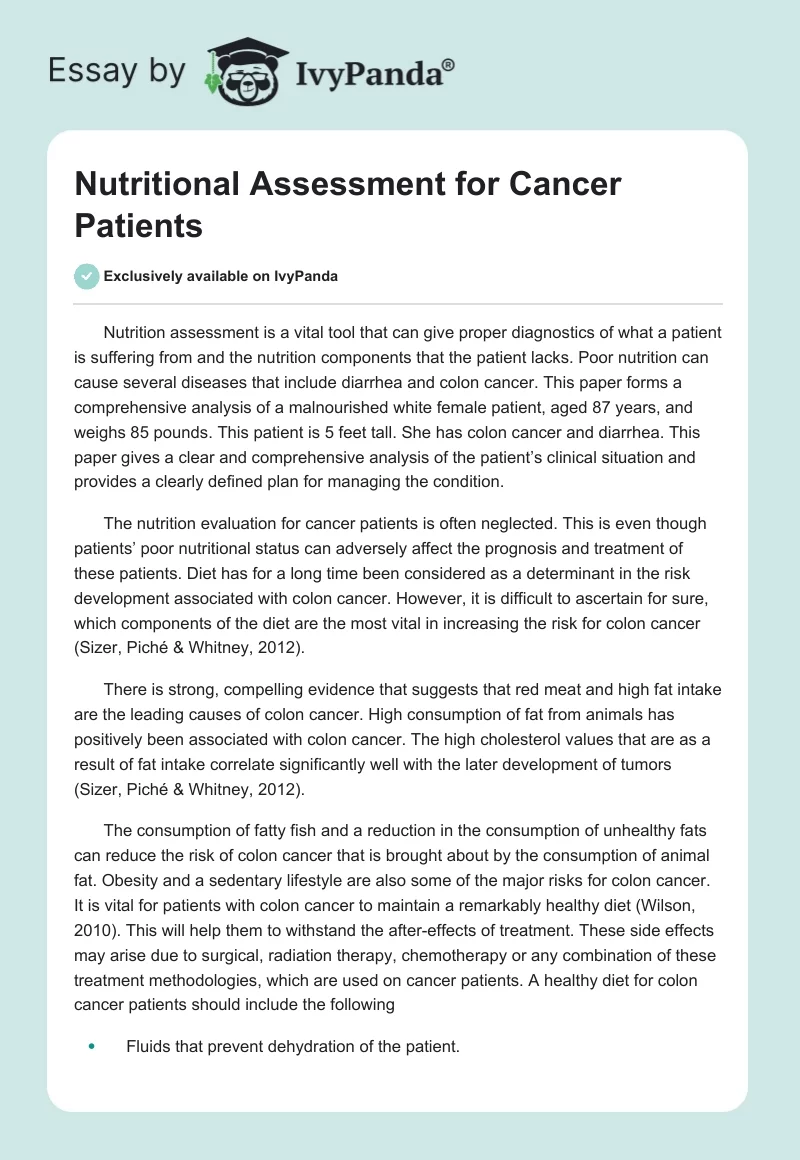 Nutritional Assessment for Cancer Patients. Page 1