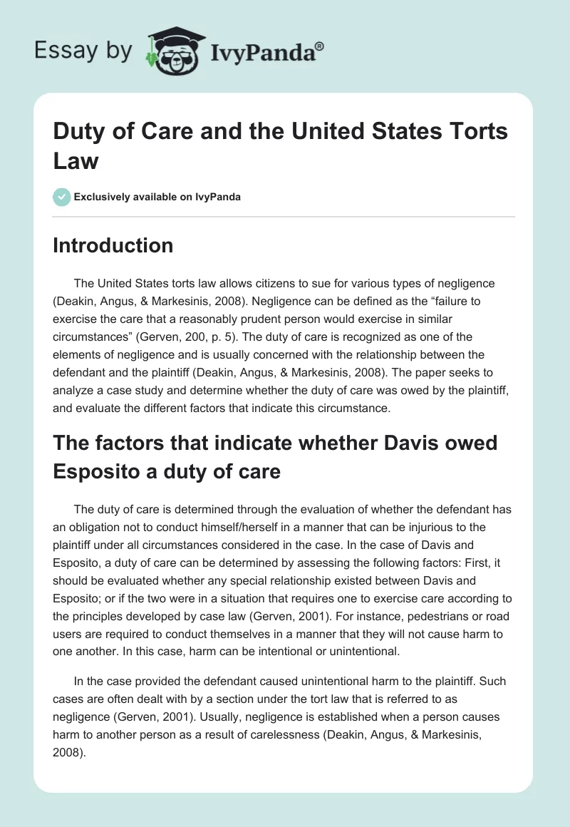 Duty of Care and the United States Torts Law. Page 1