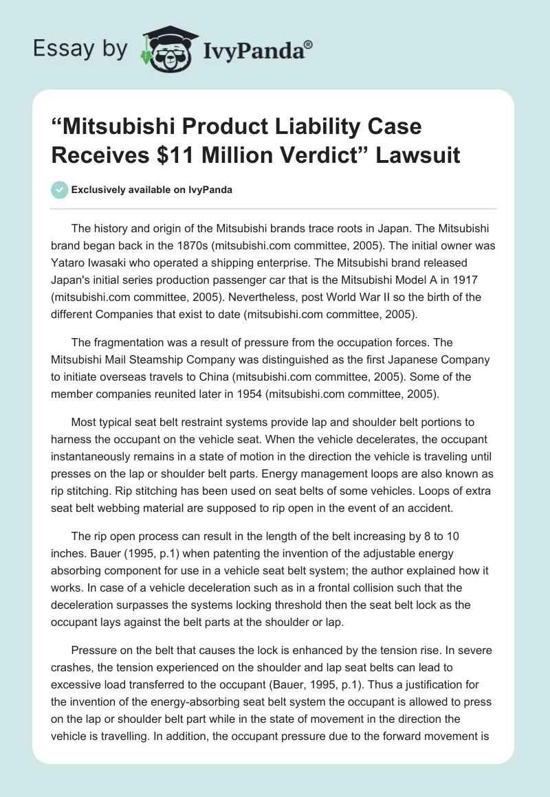“Mitsubishi Product Liability Case Receives $11 Million Verdict” Lawsuit. Page 1