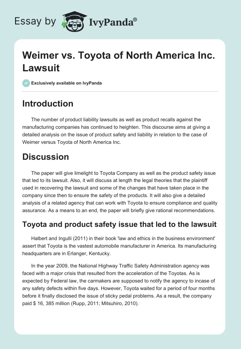Weimer vs. Toyota of North America Inc. Lawsuit. Page 1