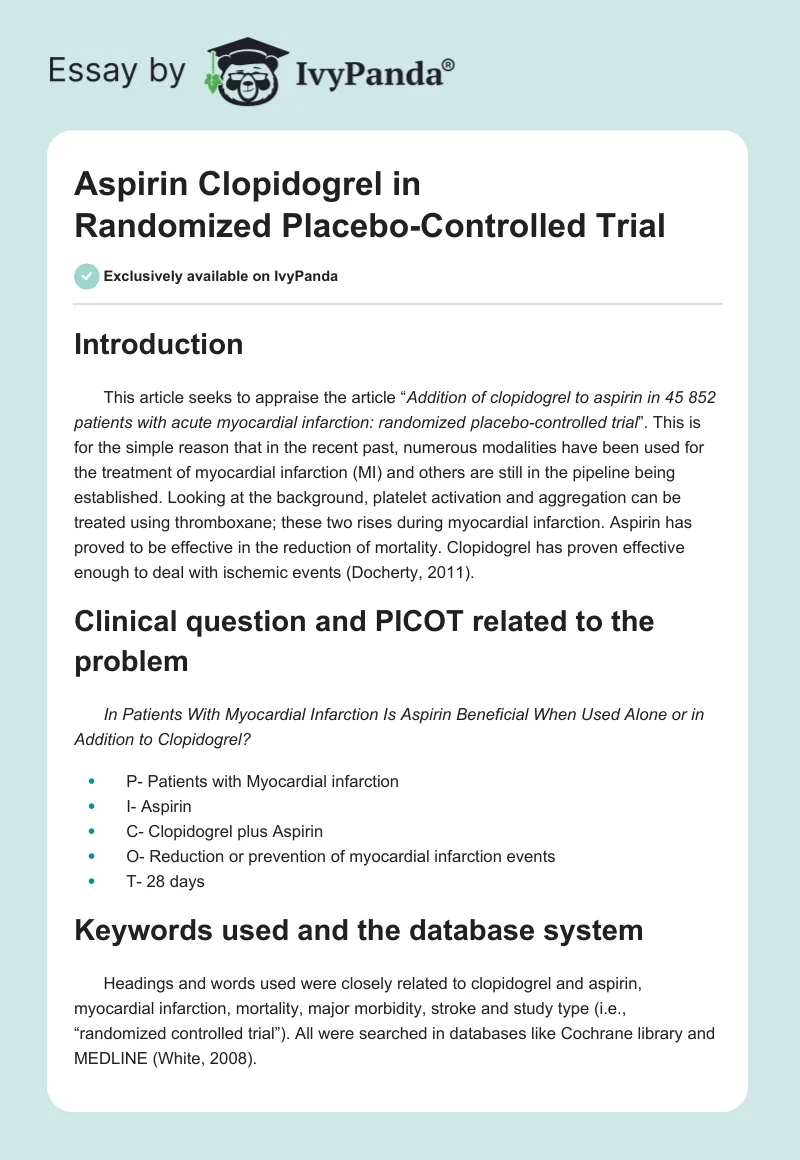 Aspirin Clopidogrel in Randomized Placebo-Controlled Trial. Page 1