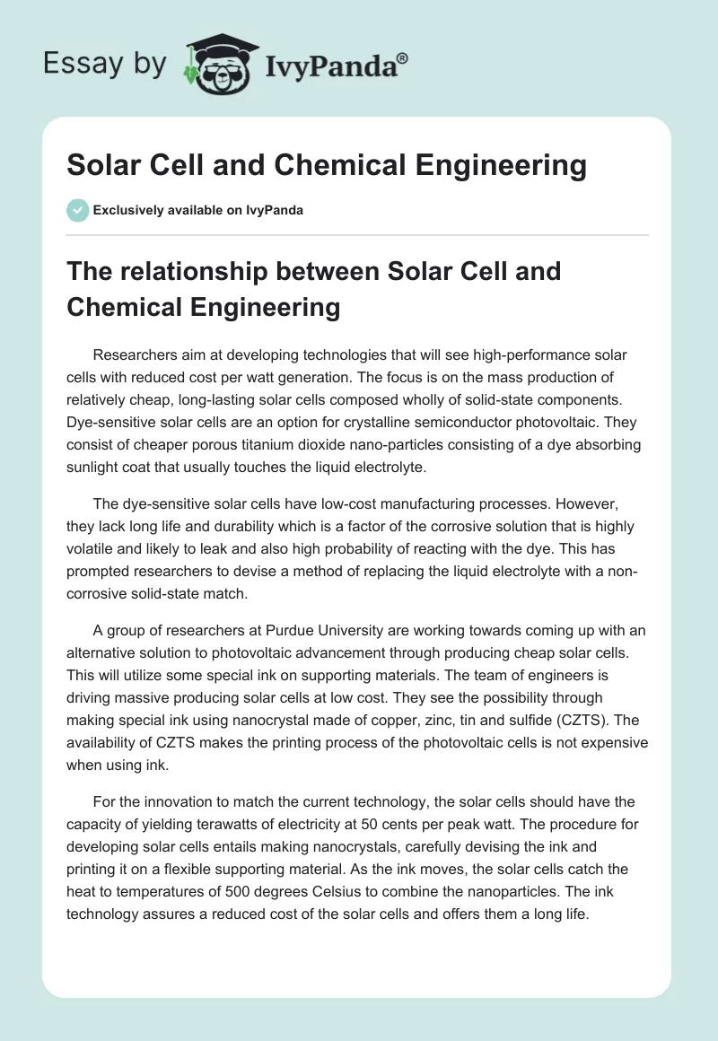 Solar Cell and Chemical Engineering. Page 1