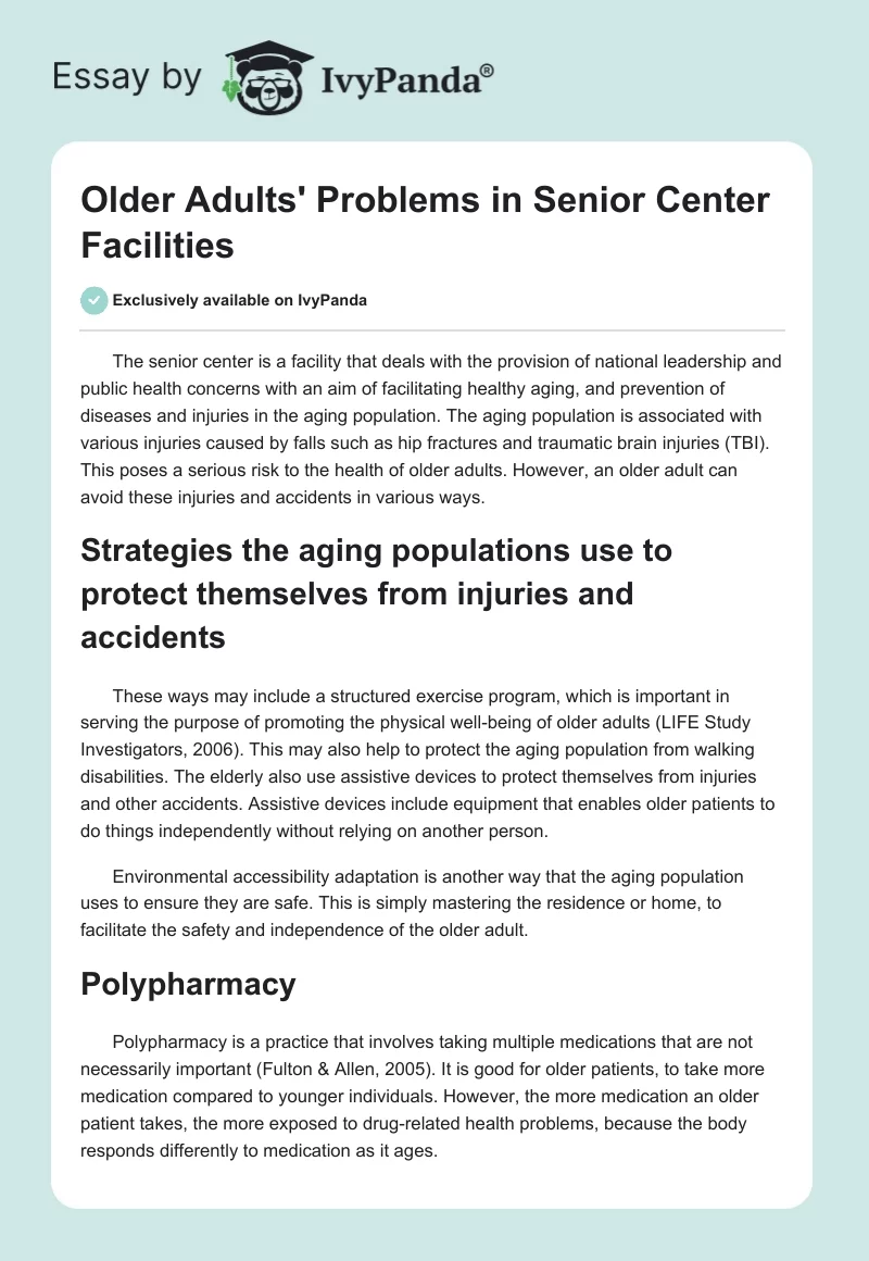 Older Adults' Problems in Senior Center Facilities. Page 1