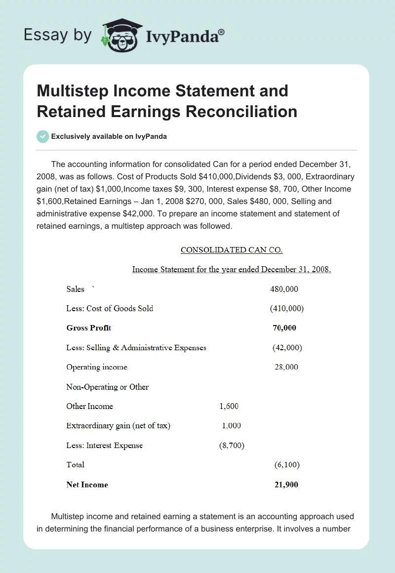Multistep Income Statement and Retained Earnings Reconciliation. Page 1