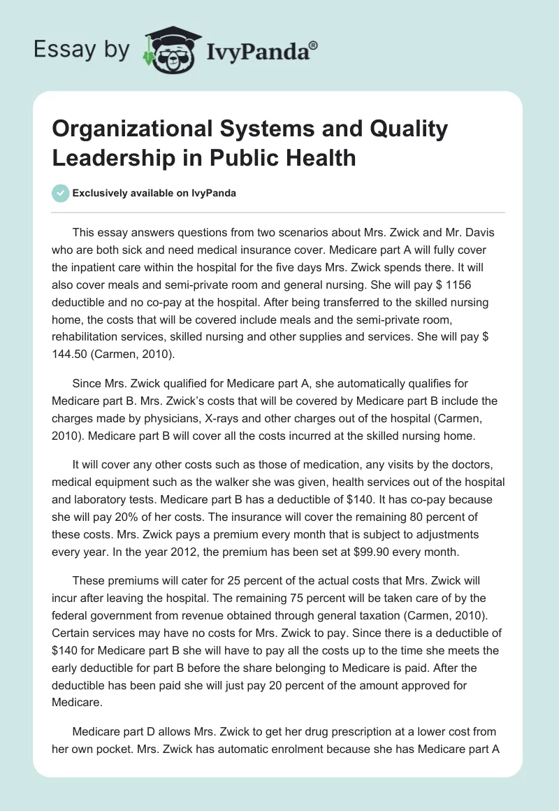 Organizational Systems and Quality Leadership in Public Health. Page 1