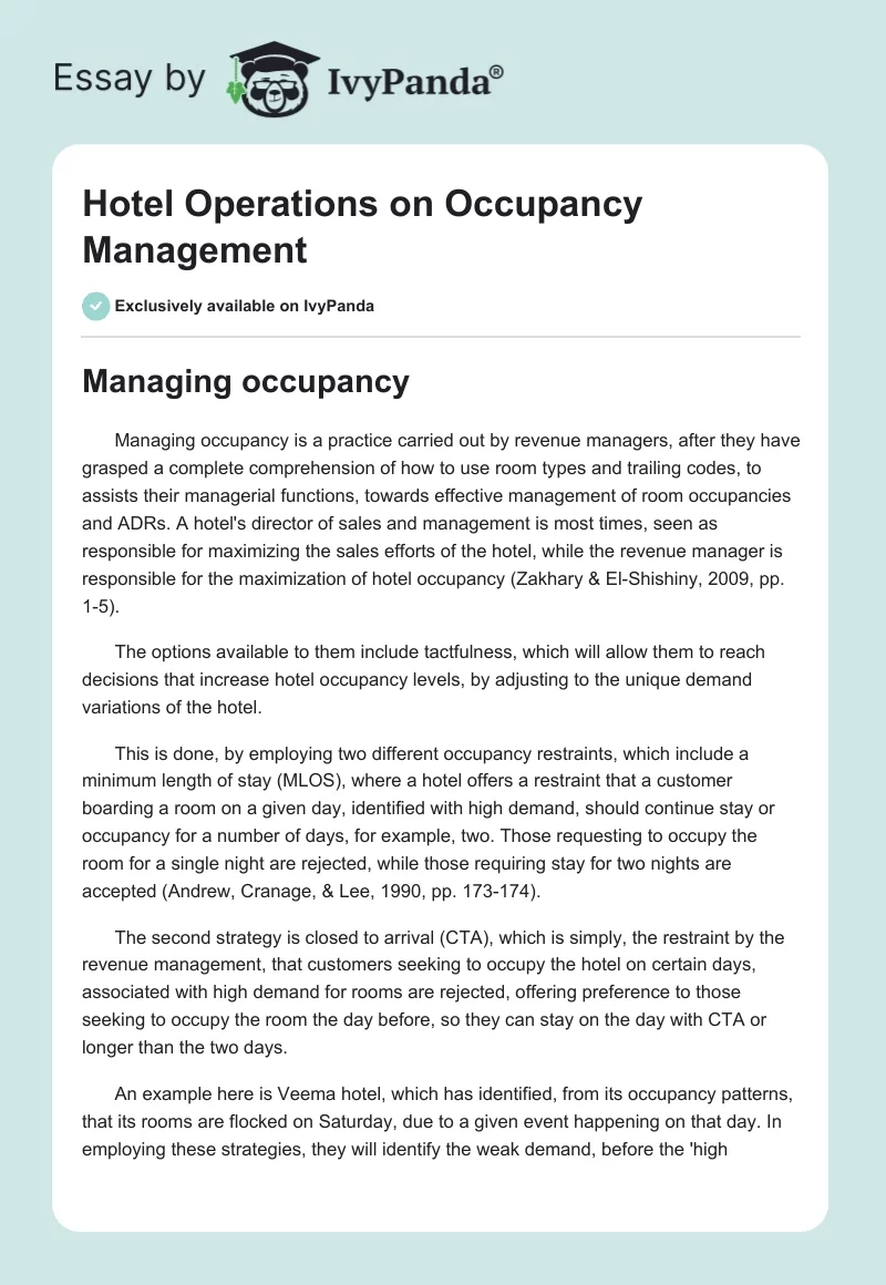 Hotel Operations on Occupancy Management. Page 1