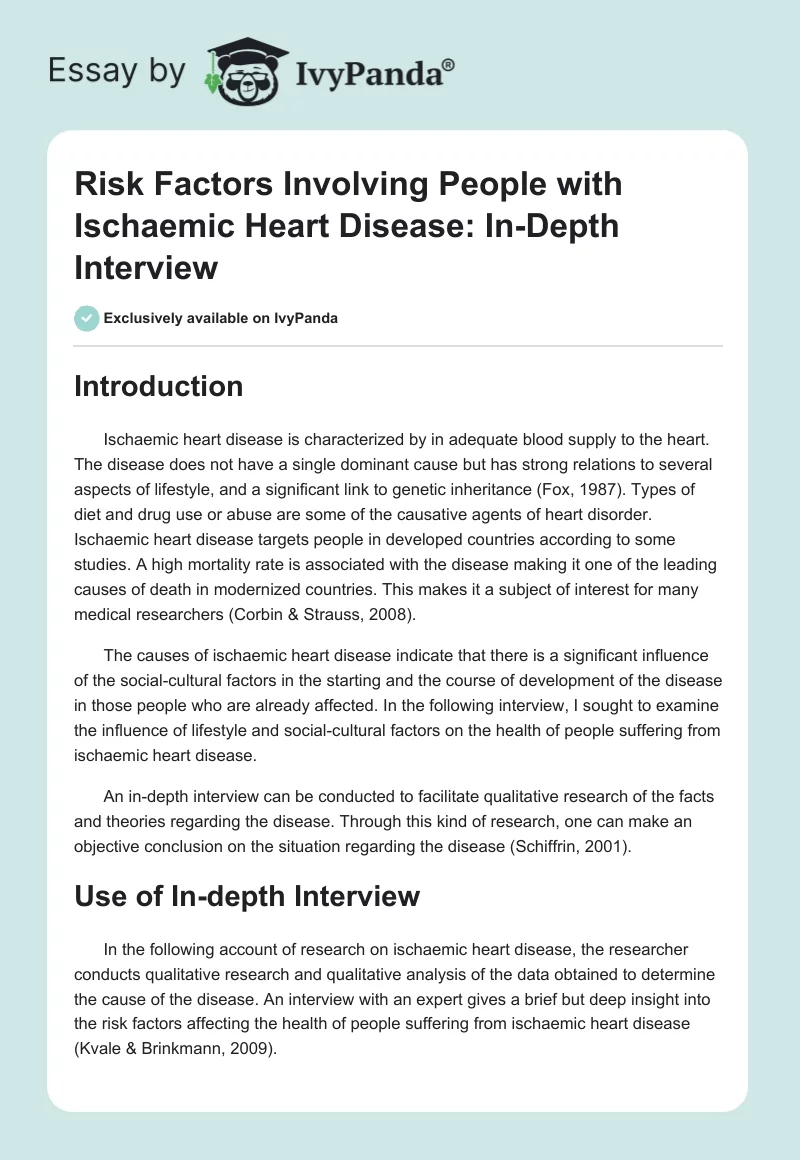 Risk Factors Involving People with Ischaemic Heart Disease: In-Depth Interview. Page 1
