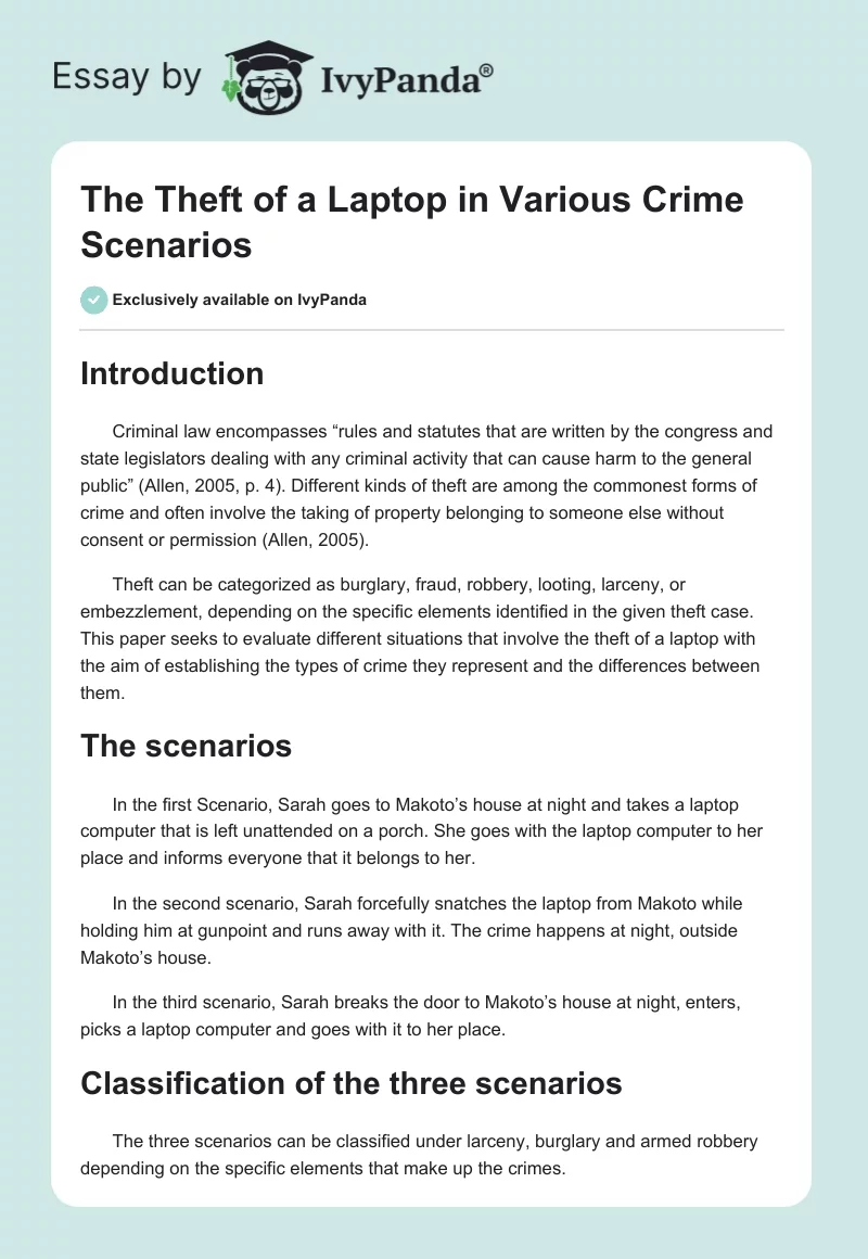 The Theft of a Laptop in Various Crime Scenarios. Page 1