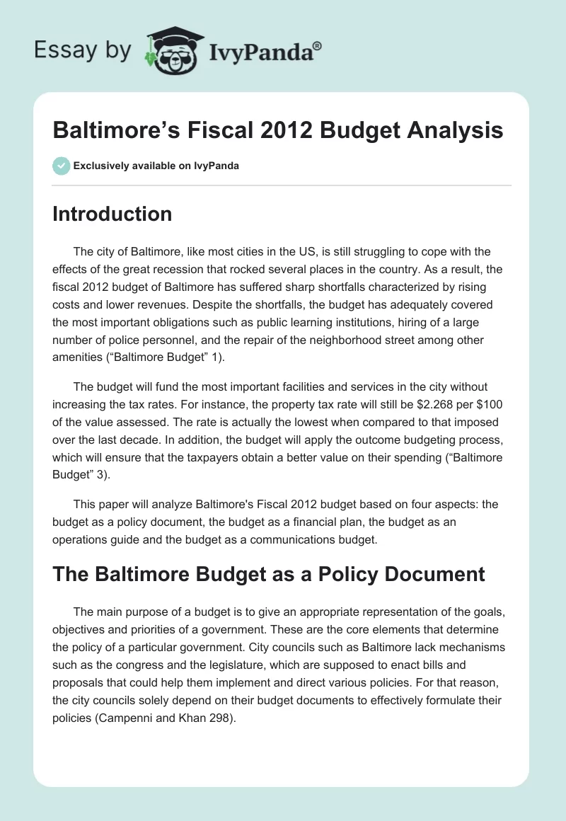 Baltimore’s Fiscal 2012 Budget Analysis. Page 1