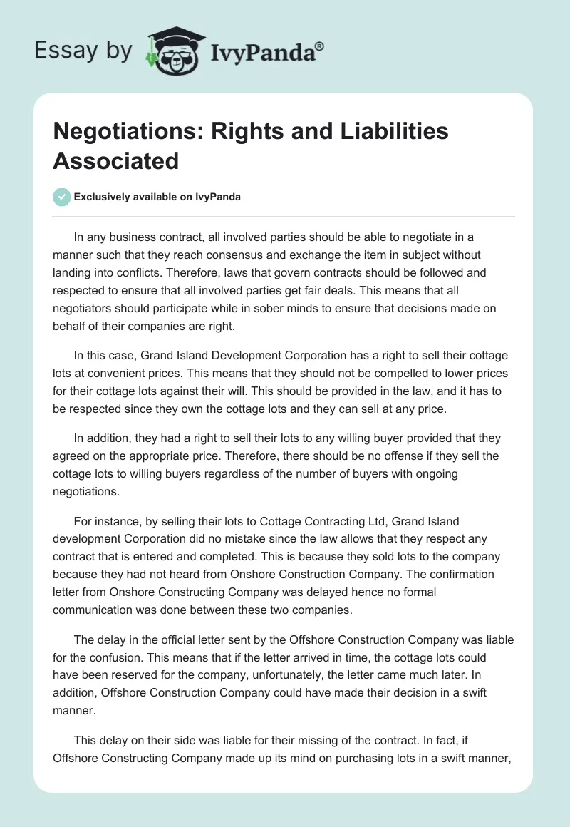 Negotiations: Rights and Liabilities Associated. Page 1