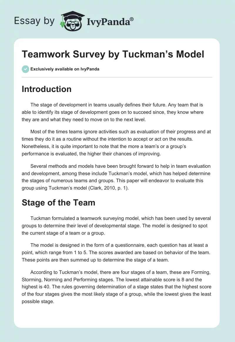 Teamwork Survey by Tuckman’s Model. Page 1