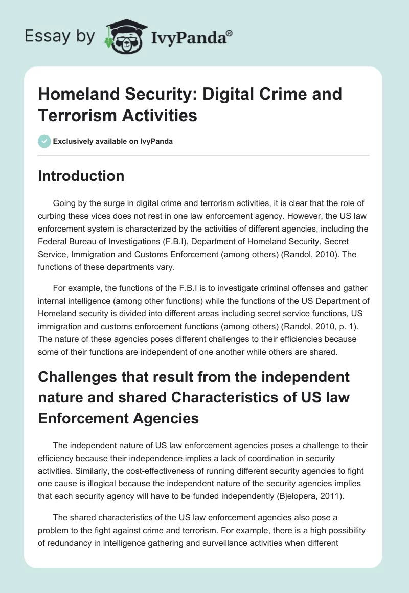 Homeland Security: Digital Crime and Terrorism Activities. Page 1