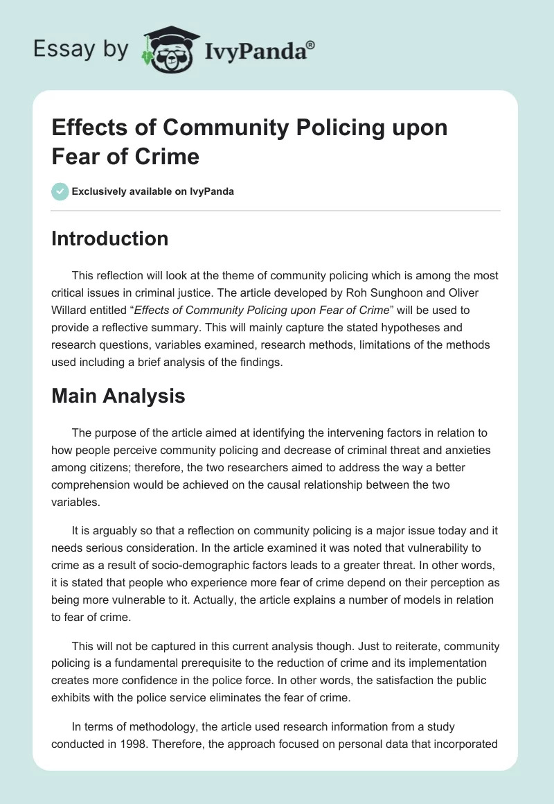 Effects of Community Policing Upon Fear of Crime. Page 1