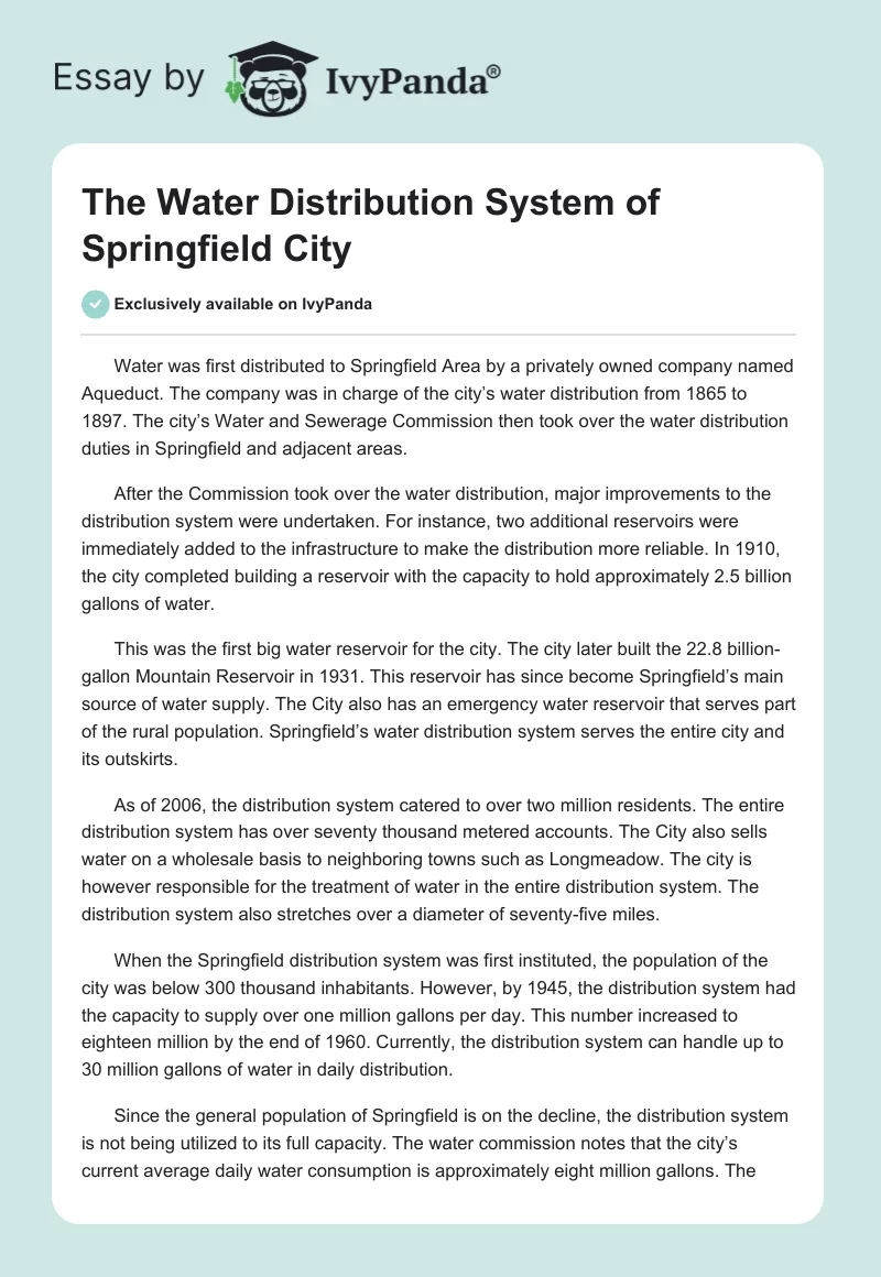 The Water Distribution System of Springfield City. Page 1